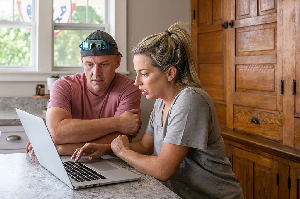A veteran married couple sits at home examining their finances.
