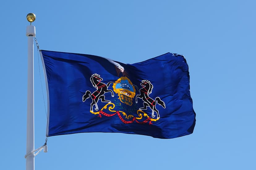 The Pennsylvania state flag flying in front of a blue sky.