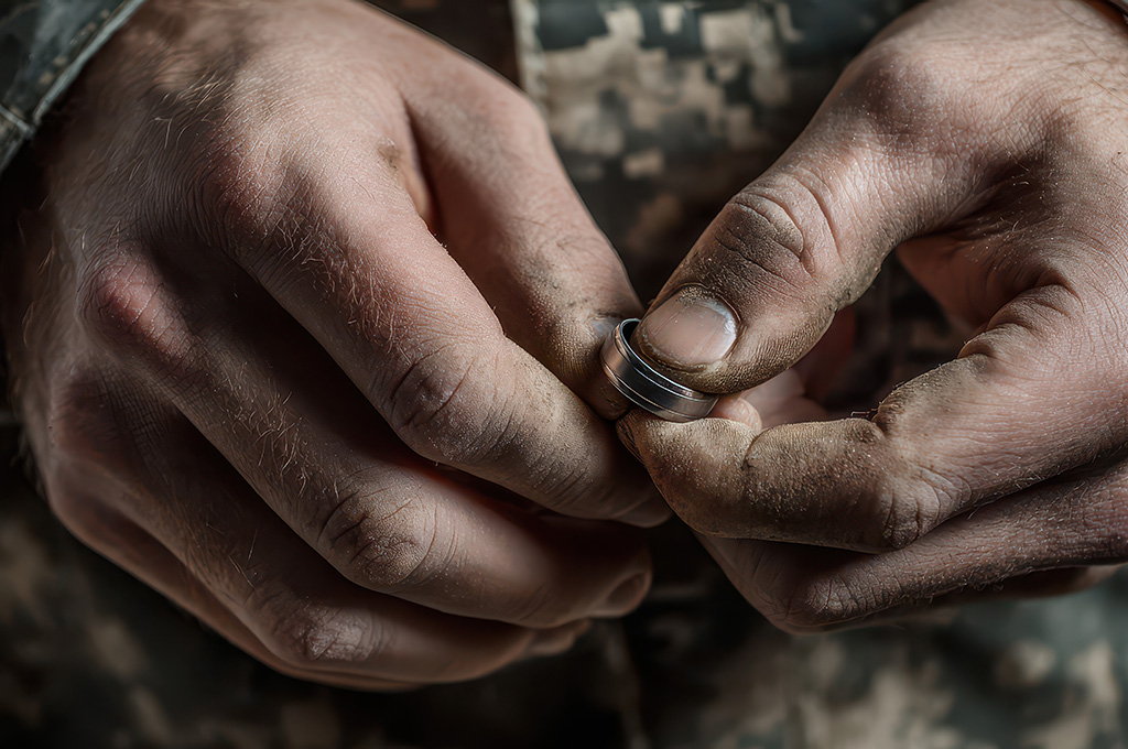 Soldier’s hands removing wedding ring