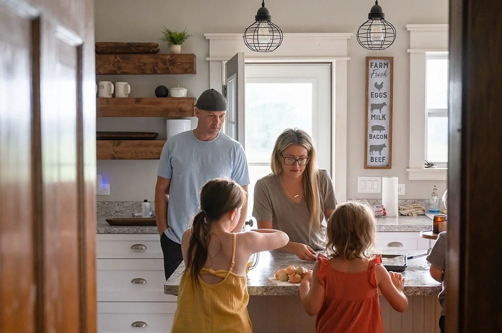 A veteran family gathers in their kitchen